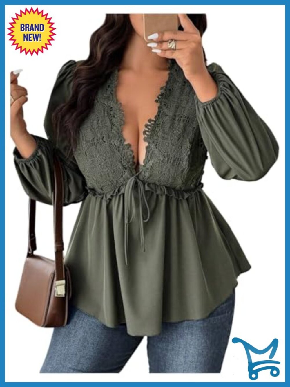 Plus Size Lace V Neck Peplum Ruffle Hem Blouse